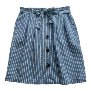 Reitman’s Linen / Cotton Navy Striped Button Front Mini Skirt With Tie - Size 6